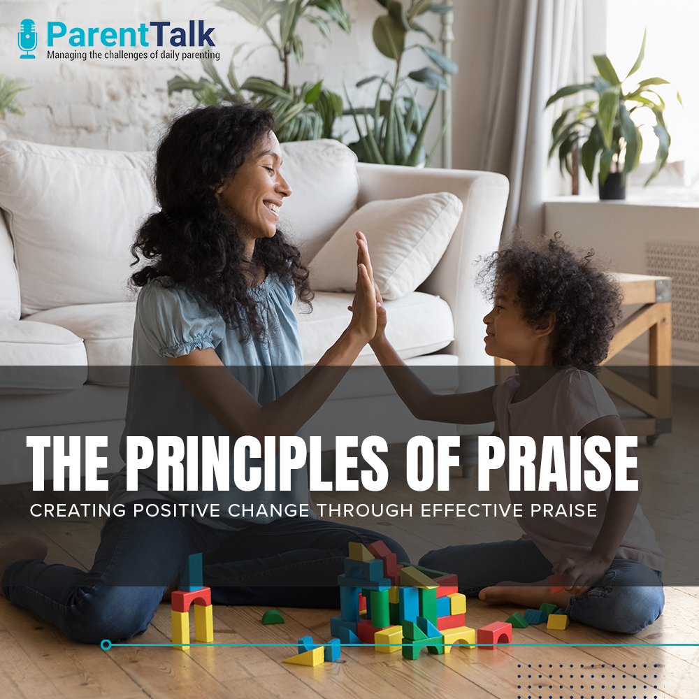 The principles of praise. A mother praises her child in front of her toys.