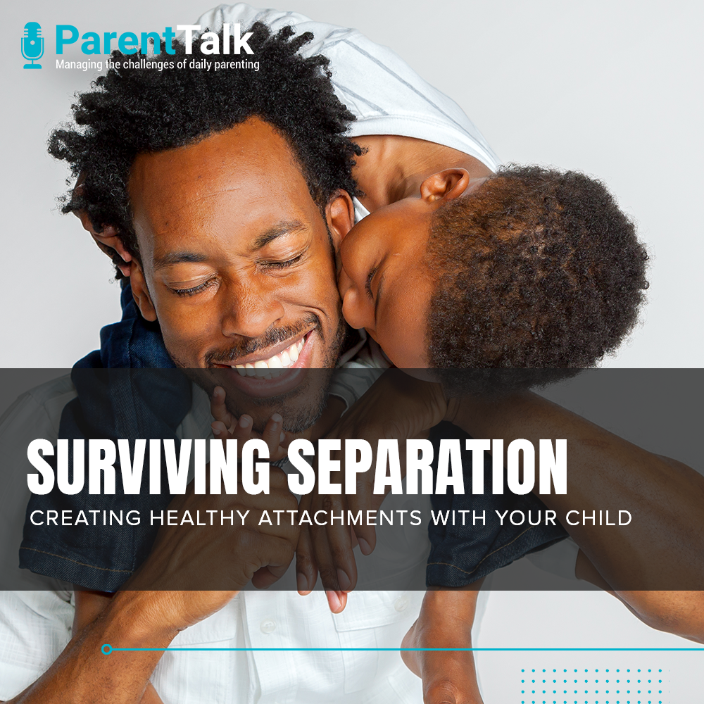 Separation anxiety. A child playfully clings to his fathers neck.