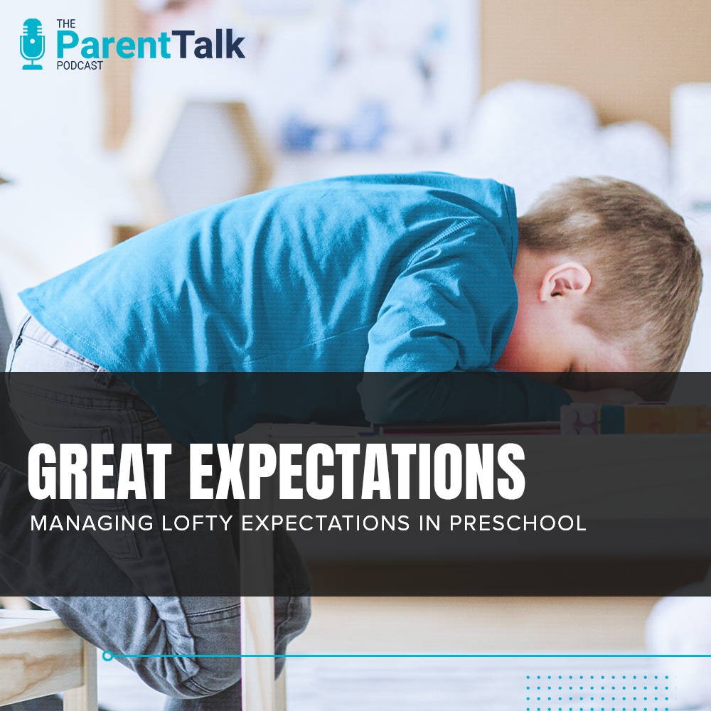 Preschool Expectations. A child sits discouraged at his desk while his teacher looks on.