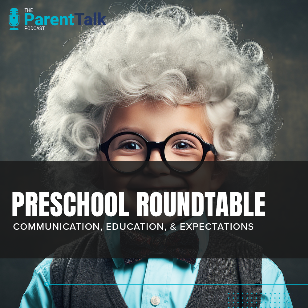 Preschool Roundtable. A young students stands in front of a chalkboard dressed like a vintage academic with erudite glasses and wild white hair.